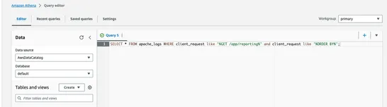 SQL query written in Athena to query for specific log events.