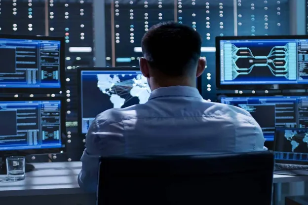 Man in a server room working on a computer with multiple monitors